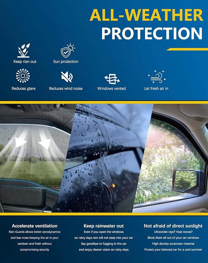 Shatterproof Tape-On Rain Guards for Toyota Tacoma 2024-2025 Double Cab, Out-Channel Window Deflectors Vent Window Visors Rain Sun Wind Guards Shade Deflectors, 4 pcs