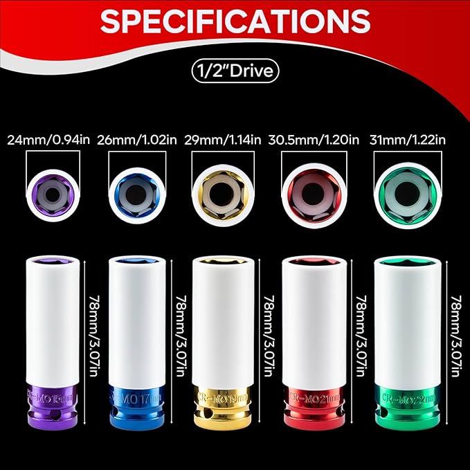 1/2" Drive Wheel Protector Impact Socket, 5pcs Thin Wall Deep Impact Socket Set, Durable Plastic Sleeve Lug Nut Socket, 6 Point, Metric, Color-Coded,15 17 19 21 22mm