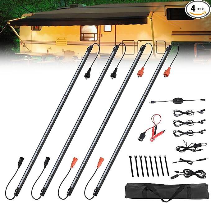12V LED Interior Light Bar Kit Dimmable IP67 Waterproof Camping String Lights, Aluminum Magnetic Mount Exterior Lights,Portable Lighting for RV, Camping Tent Car Trailer Boat (4 Pack)
