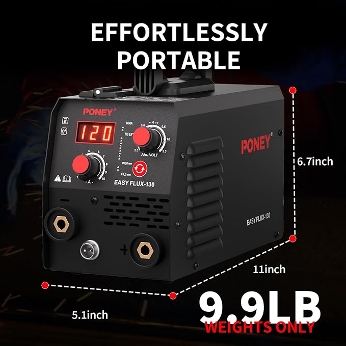 PONEY 120A Flux Core MIG Welder 110V - 3 in 1 Gasless MIG/Stick/Lift TIG Welding Machine with Synergic Control IGBT Inverter Multi-process Portable Wire Feed Welder