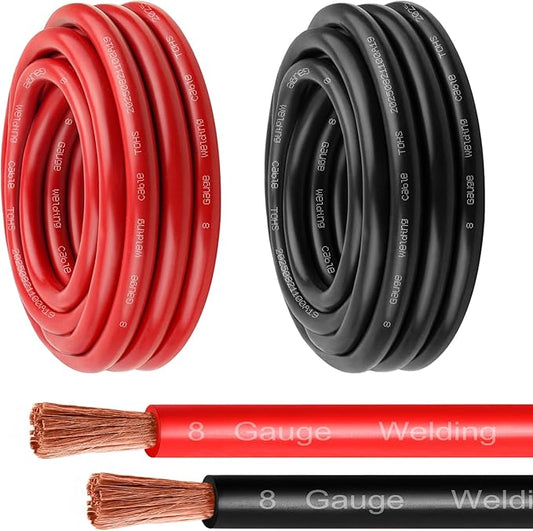 8 Gauge Battery Cable - 10FT Red + 10FT Black 8 AWG Welding Cable Flexible Stranded Oxygen-Free Pure Copper Wire for Automotive, Battery, Inverter, Solar, Marine and Generator