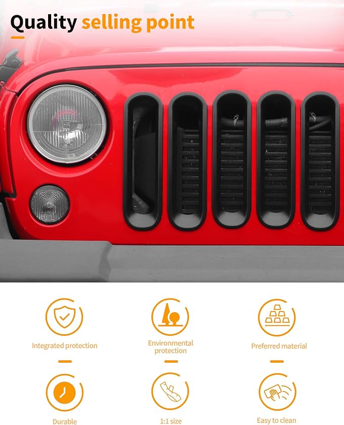 Hoolcar Grill Inserts Front Grille Mesh Cover Guard for Jeep Wrangler JK 2007-2017 Clip-on Grille Exterior Accessories, Matte Black