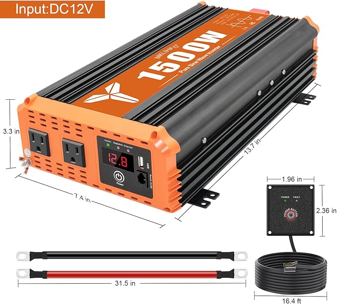 1500 Watt Pure Sine Wave Power Inverter 12V DC to 120V AC,3000W Surge Peak Power, Inverter for RV, Truck, Solar, Campers with 2 AC Outlet, 5V 2.0A USB, Remote Control Compatible with Lithium