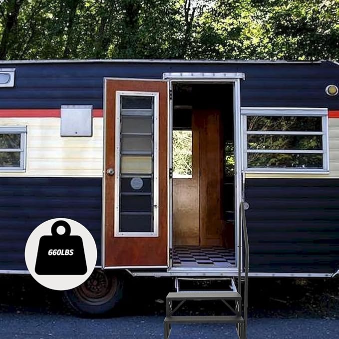 RV Stairs 2 Step, RV Steps with Handrail, Upgrade 3.0 RV Stairs with Platform, 660lbs Anti-slip Step Ladder Hot Tub Step for Indoor Outdoor