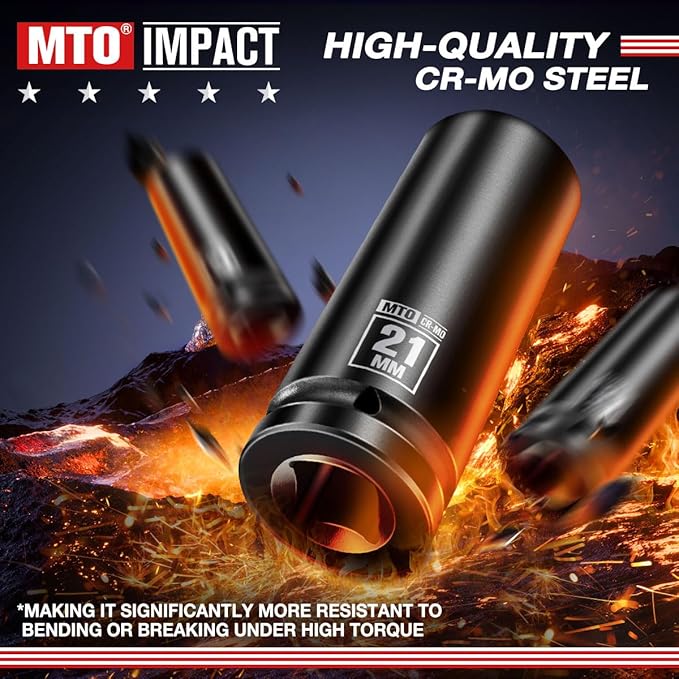 MTO 1/2" Drive 21mm Deep Impact Socket, 6 Pt. Metric Socket, CR-MO Steel & Anti-Corrosion Coating for Heavy-Duty Use