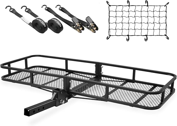 ARKSEN 60 x 23 x 5.5 Inch Folding Hitch Cargo Carrier with Cargo Net, 2 Ratchet Straps, 500 Lbs Capacity Heavy Duty 2 Inch Receiver Luggage Basket for SUV, Pickup Truck, Camping & Travel