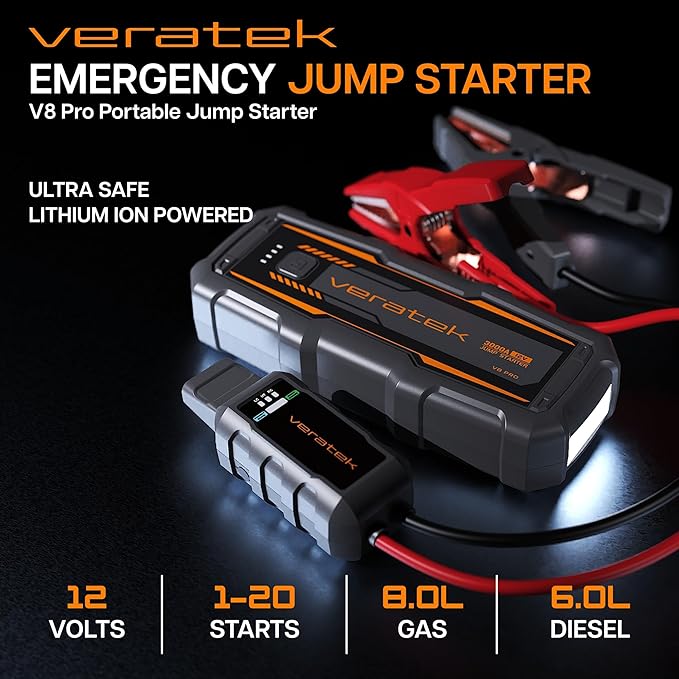 V8 Pro 3000A Car Battery Jump Starter Portable (8.0L Gas & 6.0L Diesel) – 12V Lithium Battery Booster Pack with SmartCharge Safety, Jumper Cables, 20000mAh Power Bank, Jump Box, LED Light