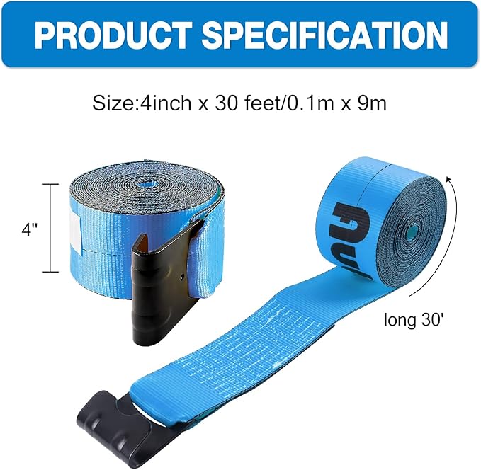 4" x 30' Straps for Flatbed Trailer Blue Heavy Duty Tie Down Flat Hooks WLL 5400 lbs | 4 Inch Cargo Control for Flatbed Truck Utility (10 Pack)