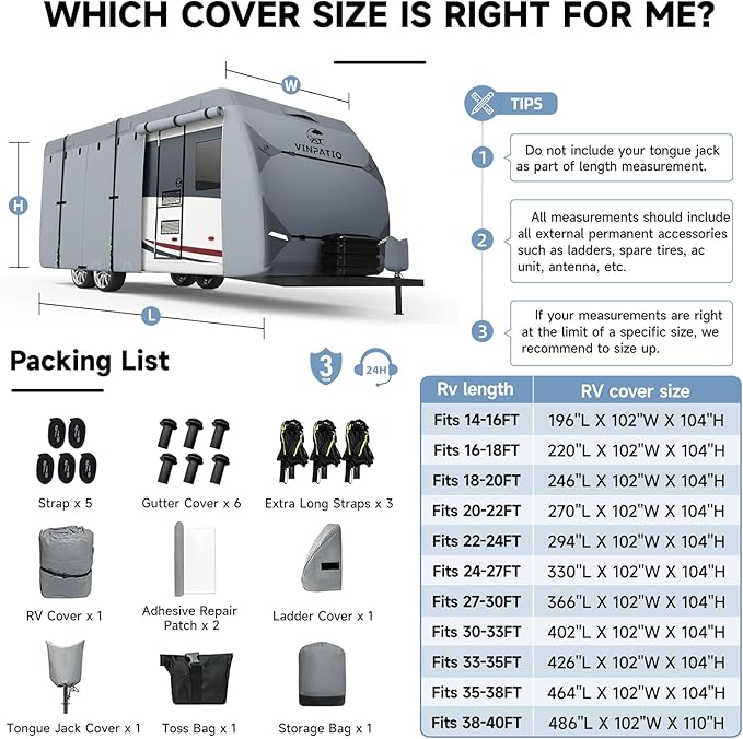 VINPATIO RV Cover, 7 Layers Heavy Duty RV & Trailer Cover, Toy Hauler Cover Fits 38'-40' RV Travel Trailer Camper Cover with Tongue Jack Cover, Extra Windproof Straps, Gutter Covers