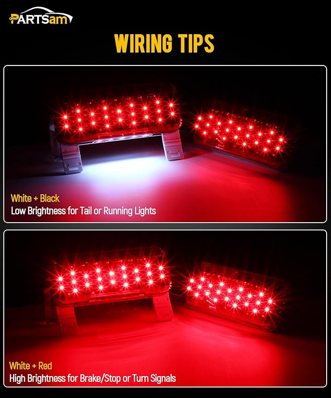 Partsam Rectangular Red LED RV Camper Trailer Stop Turn Brake Tail Lights White License Plate Light 49 LED with License Bracket Holder and White Base 12V Sealed w Reflex Surface Mount (Left + Right)