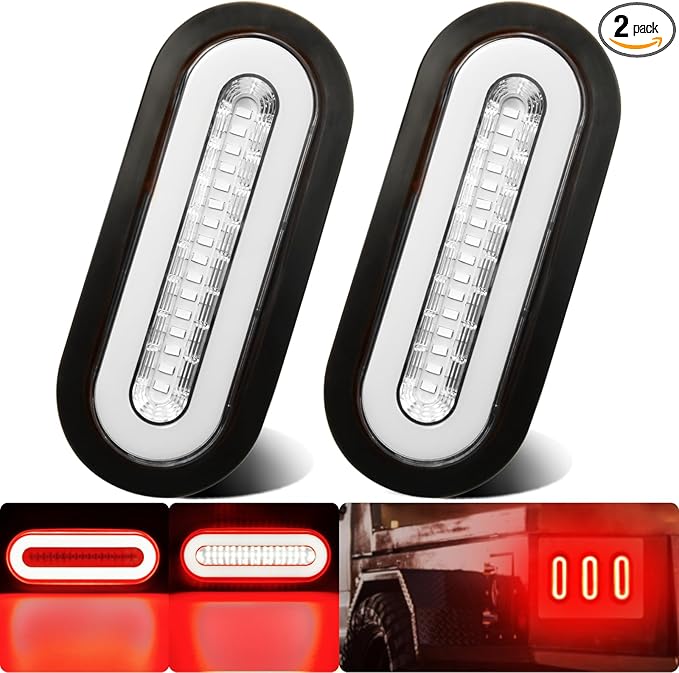 2Pcs 6" inch Clear Lens Oval Red 52 LEDs Trailer Boat Halo Brake Stop Running Turn Signal Tail Lights【Patented】 w/Rubber Grommet, Sealed Submersible IP67 for Truck/RV/Van, DC 12V