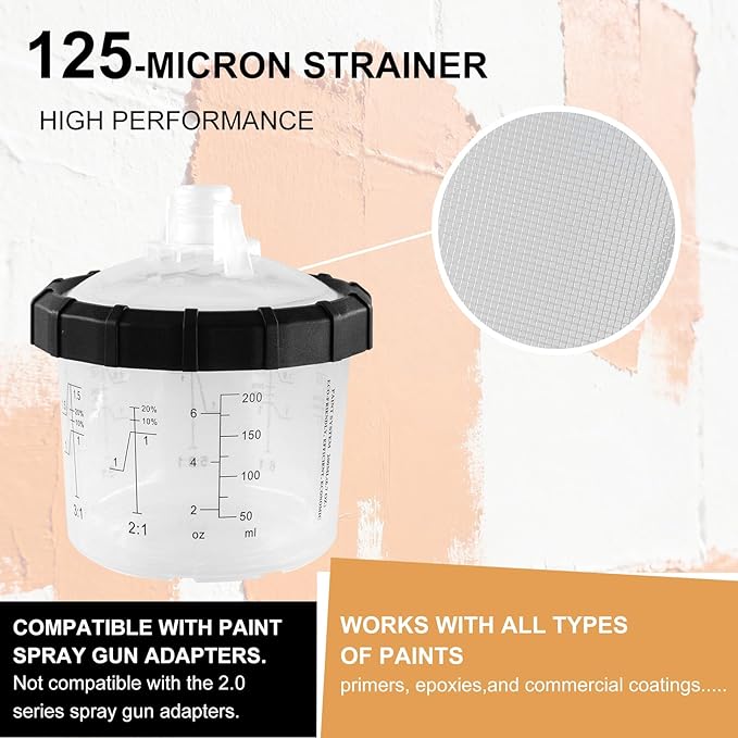 RRJ Disposable Paint Cup Automotive Spray Gun Paint System, for LVLP/HVLP Spray Gun Kit 6.7 Ounce(200ML) Mixing Cups with 50 Liners and Lids, 1 Hard Cup with Retainer Ring, 2 Adapter, Stirrer