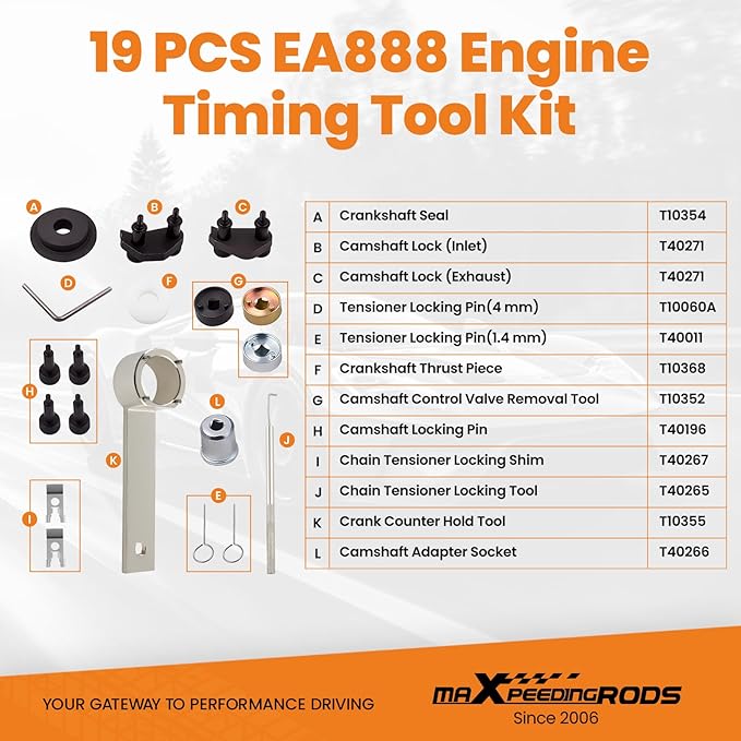 maXpeedingrods Engine Camshaft Crankshaft Timing Tool Kit EA888 1.8 2.0 TSI/TFSI for Audi for Volkswagen for Skoda T10352 T40196 T40271 T10368 T10354 T10355 T10060A T40011 T40098 T40267, 19 Pcs