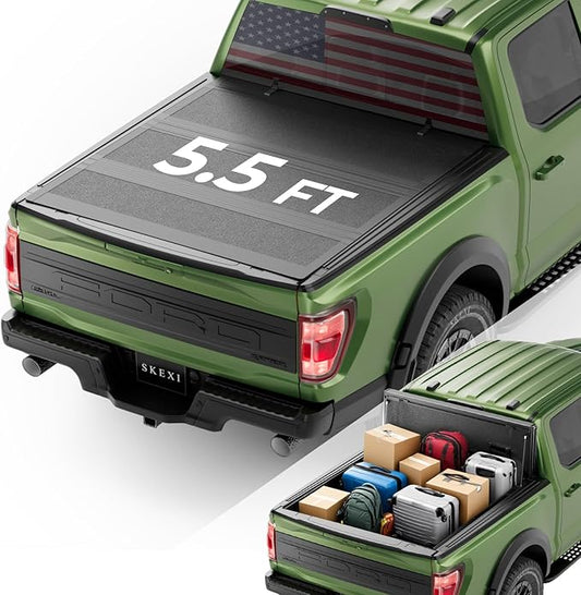 Low Profile Tonneau Cover Truck Bed for Ford F150 5.5 ft (67.1") 2015-2025, Fully Folded Vertical Clearance Hard Flip Fold Locking Drill-Free Install Waterproof Fiberglass Anti-Theft Security