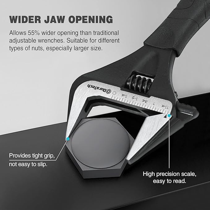 DURATECH 8-Inch Adjustable Wrench, Wide Jaw Opening Black Oxide Finish Plumbing Wrench, CR-V Steel, SAE and Metric Scale Marked, Ergonomic Grip