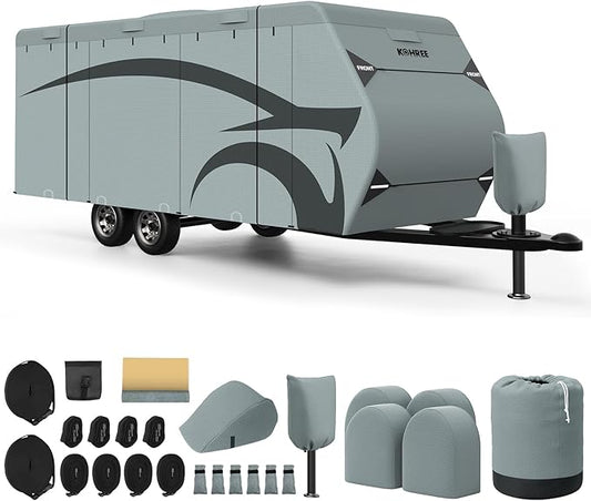 Kohree Travel Trailer Cover 22-24 ft with 8 Enlarged Vents, Sturdy & Waterproof & Anti-UV RV Camper Cover Kit with Front & Back Sign for All Weather Protection A
