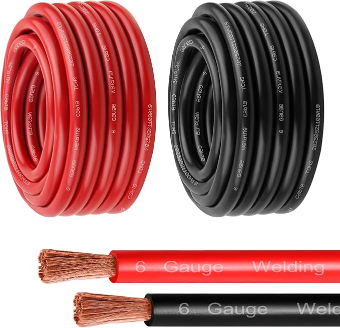 6 Gauge Battery Cable - 25FT Red + 25FT Black 6 AWG Welding Cable Flexible Stranded Oxygen-Free Pure Copper Wire for Automotive, Battery, Inverter, Solar, Marine and Generator