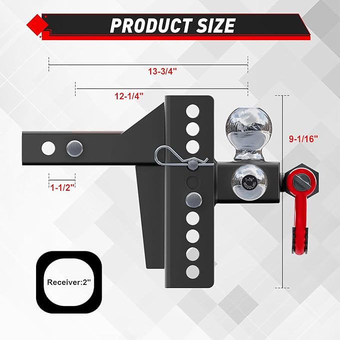 TYT Adjustable Tri-Ball Trailer Hitch for 2 inch Receiver, 4.5" Drop/Rise, Triple Balls (1-7/8", 2", 2-5/16") with Shackle , 10,000 lbs GTW, 1,000 lbs TW ,Pin Lock & Hitch Tightener