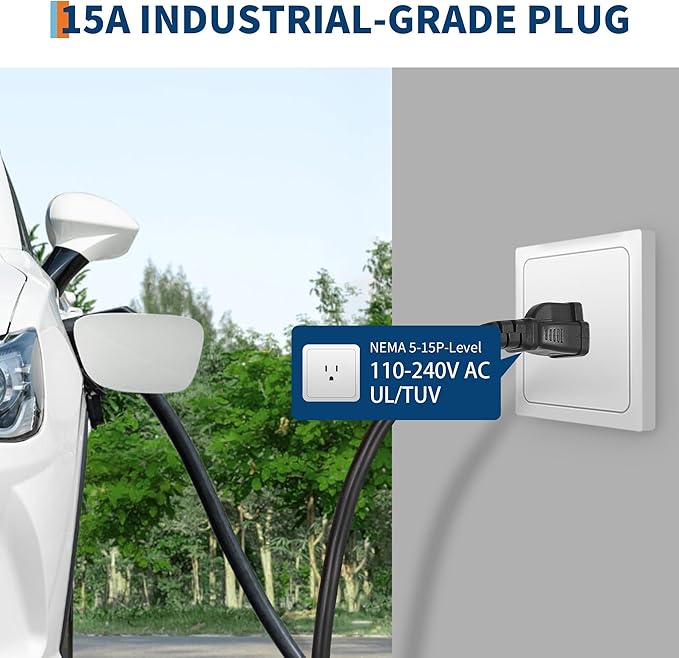 Level 1 EV Charger, 15A 110V Voltage, NEMA 5-15 Plug, 25 ft Cable, Adjustable Current/Delay Timer, SAE J1772 Listed Portable Electric Car Charger for Indoor/Outdoor Use