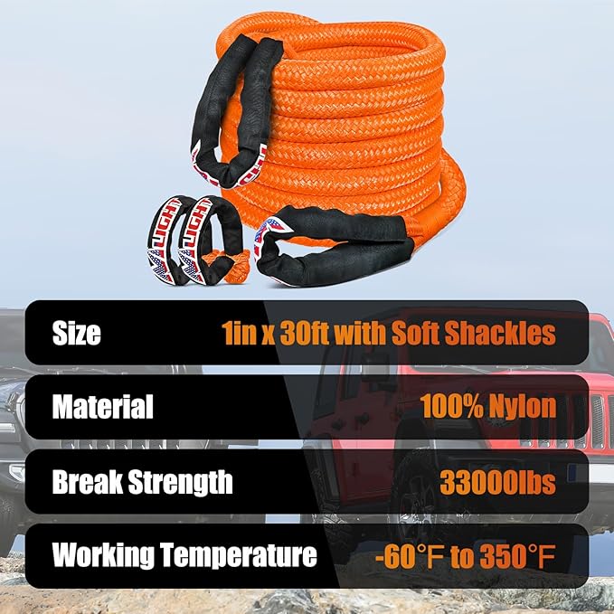 Nilight Kinetic Recovery Tow Rope Kit with 2 Soft Shackle 1" x 30ft Heavy Duty Offroad Tow Rope Snatch Strap Towing Strap kit (33,000LBS) for UTV ATV SUV Truck Car Jeep Tractor