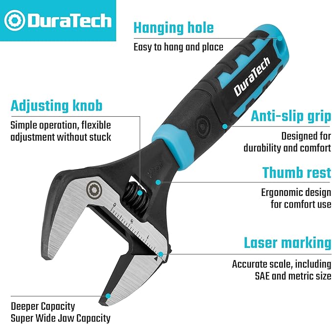 DURATECH 8-Inch Adjustable Wrench, Wide Jaw Opening Plumbing Wrench, CR-V Steel, SAE and Metric Scale Marked, Ergonomic Grip