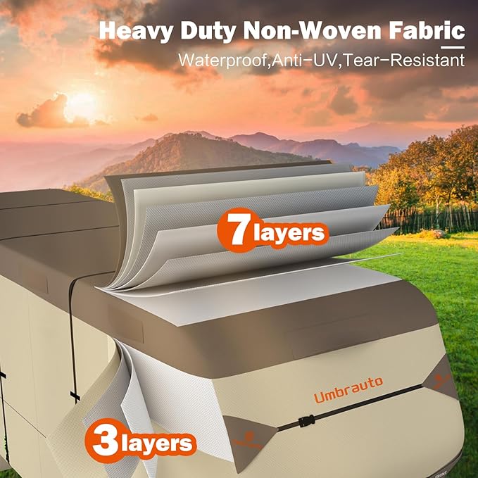 Umbrauto 5th Wheel RV Cover 7 Layers Top 3 Layers Side Waterproof Camper Cover for 34' to 37' Fifth Wheel Trailer with 4 Trailer Tire Covers, Tongue Jack Cover,Gutter Cover and Extra Windproof Ropes