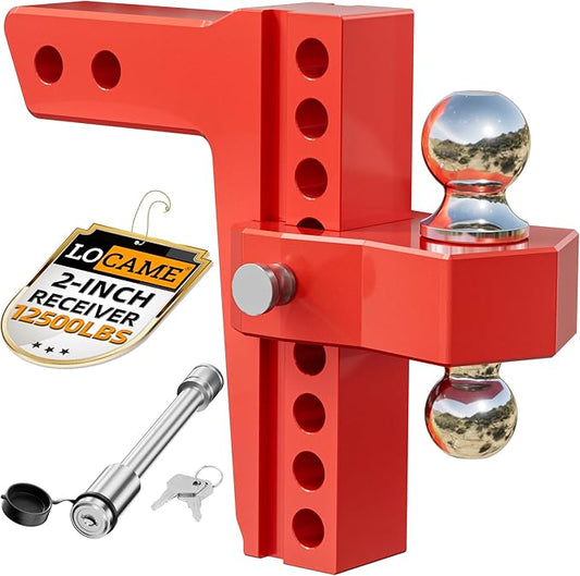 LOCAME Adjustable Trailer Hitch, Fits 2-Inch Receiver Only, 8-Inch Drop/Rise Aluminum Drop Hitch,12,500 LBS GTW-Tow Hitch for Heavy Duty Truck with Double Stainless Steel Locks, Red, LC0014
