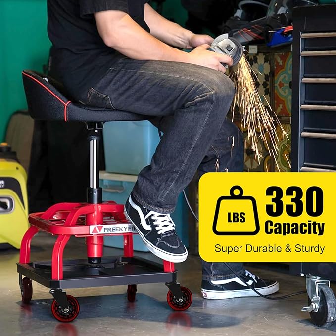 Rolling Stool with Red Wheels, Heavy Duty Garage Work Mechanic Rolling Shop Stool with Backrest, Adjustable Height 360°Swivel Roller Mechanic Chair with 2 Tool Trays, 330 LBS Capacity