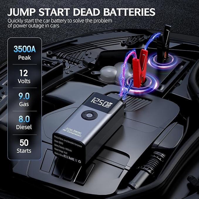 Jump Starter with Air Compressor, LERTIN 3500A 150PSI Portable Car Battery Jump Starter Pack, for Up to 9.0 Gas/8.0L Diesel Engine, 12V Jump Box with USB Quick Charge/3 Modes Lights/Large LCD Display