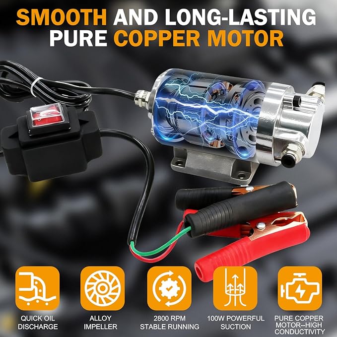 MILADO 12V 100W Oil Change Extractor Pump,1-4L/min Portable Fluid Transfer Pump for Engine Oil, Diesel, Transmission Fluid, Gear Oil, Suitable for Boat, Car, Truck, Motorcycle, Lawnmower