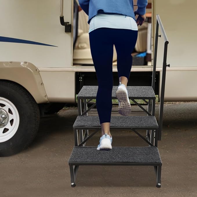 RV Steps with Single Sided Handrail, 3 Steps Mobile Home Ladder W/Anti-Slip Mats - Portable Stairs for RV, Hot Tub, Outdoor Spa