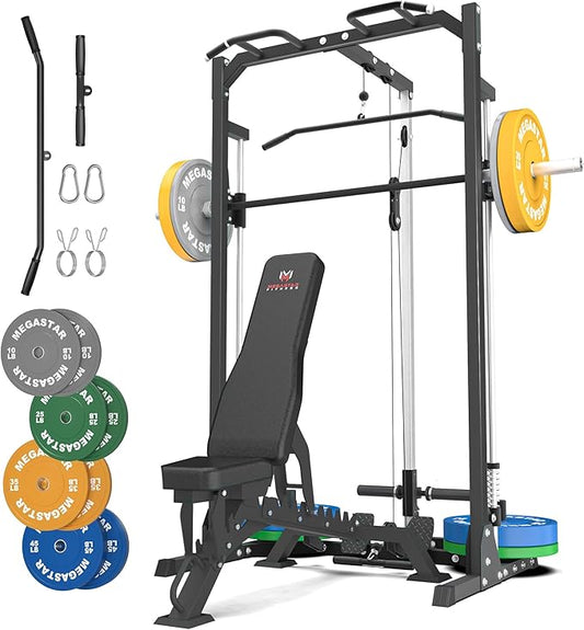 Compact Smith Machine Home Gym - 800lb Barbell Sleeve, Space-Saving Power Cage with LAT Pulldown, Power Rack 5-in-1, 1500lb Capacity for Garage & Small Spaces, P70