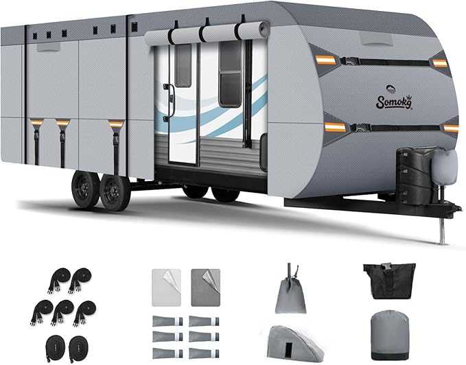 Upgrade 7-Layer Heavy Duty RV Cover 20-22 FT | Fits RVs with Roof Top A/C | All-Weather Travel Trailer RV Cover for Snow & Wind Protection | Rip-Stop Camper Cover with 5+2 Straps