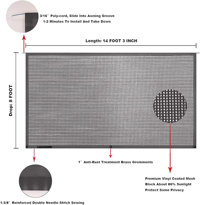 Tentproinc RV Awning Sun Shade Screen 8' X 14' 3'' (Fit for 15' Awning)- Mesh Sunshade UV Blocker Complete Kits Motorhome Camping Trailer Awning Shadescreen Canopy Sunscreen - 3 Year Warranty (Brown)