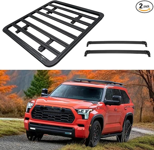 Roof Rack Cargo Basket & Roof Rack Cross Bars for Toyota Sequoia 2023 2024 2025 2026 Roof Luggage Carrier Kit Aluminum Black