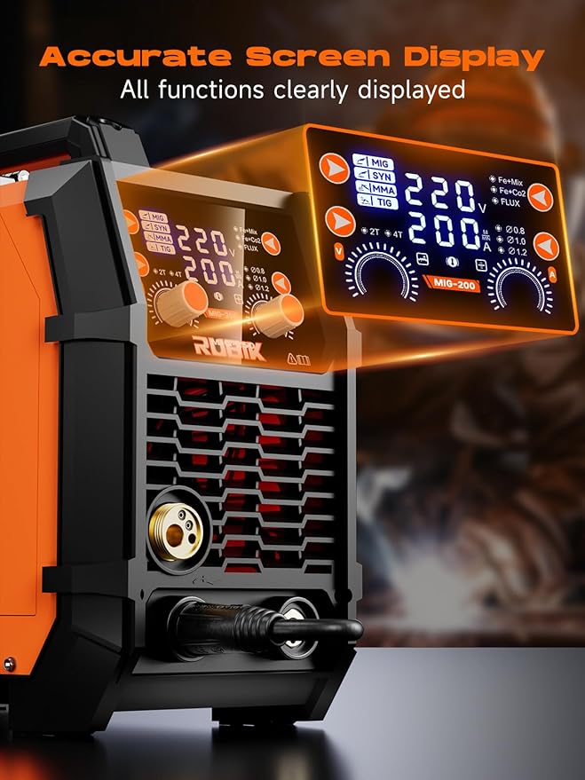 RUBIK MIG Welder,200 Amp 5 in 1 Flux Core Welder,Gas MIG/Gasless Flux Core MIG/Stick/Lift TIG/Spot welding/Spool Gun 110V/220V Aluminum Multi Process Welding Machine with Large LED Digital Display