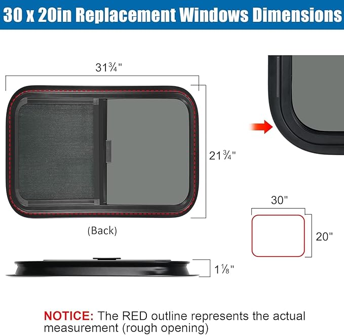 Horizontal RV Window, 30" W x 20" H Tinted Sliding RV Window with Net Screen and Trim Ring, Suitable for 15/16" or 1-3/8" and Slightly Thicker Up to 1/16" Walls, DOT Approved