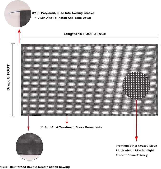 Tentproinc RV Awning Sun Shade Screen 8' X 15' 3'' (Fit for 16' Awning) Mesh Sunshade for RV Awning Motorhome Camping Trailer Awning Screenshade UV Sunblock Sunscreen - 3 Year Warranty (Brown)