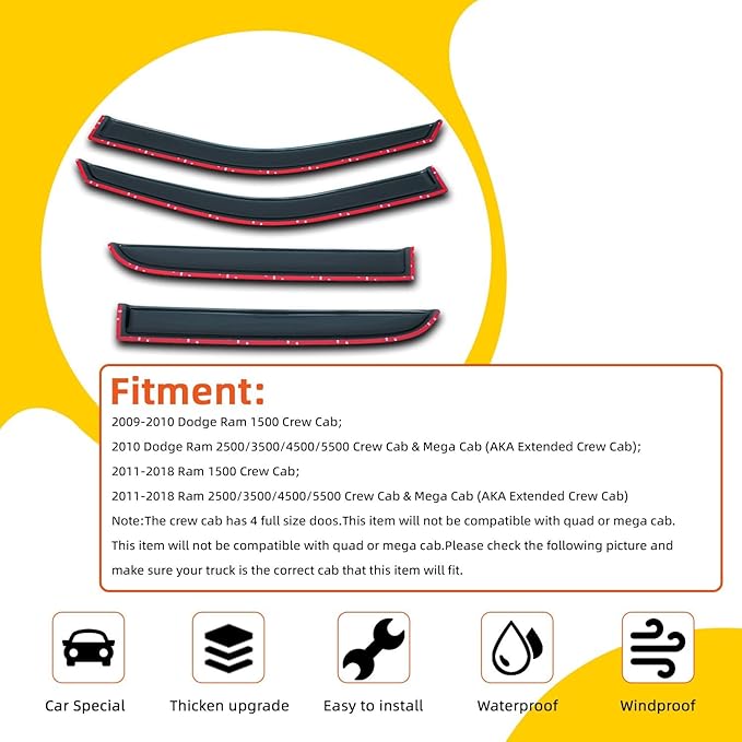 Window Visor Rain Guards Compatible with 2009-2023 Dodge Ram 1500, 2010-2024 Dodge Ram 2500/3500 Crew Cab & Mega Cab Wind Deflector Vent Visors for Trucks Accessories Tape-On 4 Pieces