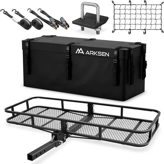 ARKSEN 60 x 23 x 5.5 Inch Folding Hitch Cargo Carrier with Cargo Bag & Net, 2 Ratchet Straps, Hitch Stabilizer, 500 Lbs Capacity Heavy Duty 2 Inch Receiver Luggage Basket for SUV, Pickup Truck
