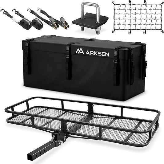 ARKSEN 60 x 23 x 5.5 Inch Folding Hitch Cargo Carrier with Cargo Bag & Net, 2 Ratchet Straps, Hitch Stabilizer, 500 Lbs Capacity Heavy Duty 2 Inch Receiver Luggage Basket for SUV, Pickup Truck