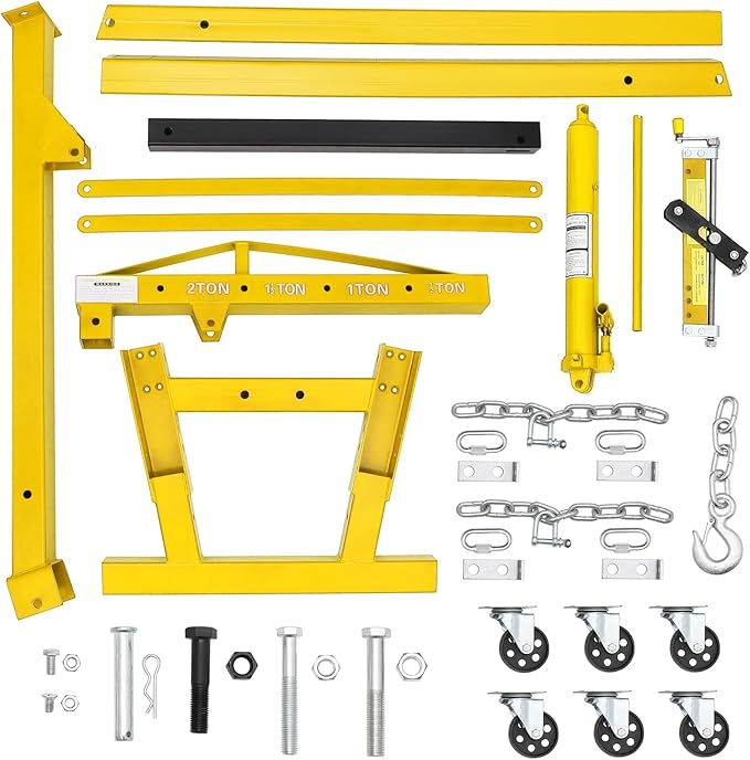 2 Ton Folding Hydraulic Engine Hoist with Load Leveler 4400 LBS Capacity Heavy Duty Cherry Picker 6 Swivel Wheels&Hydraulic Pump Adjustable Boom (0.5T-2T) for Garage Workshop Warehouse Yellow