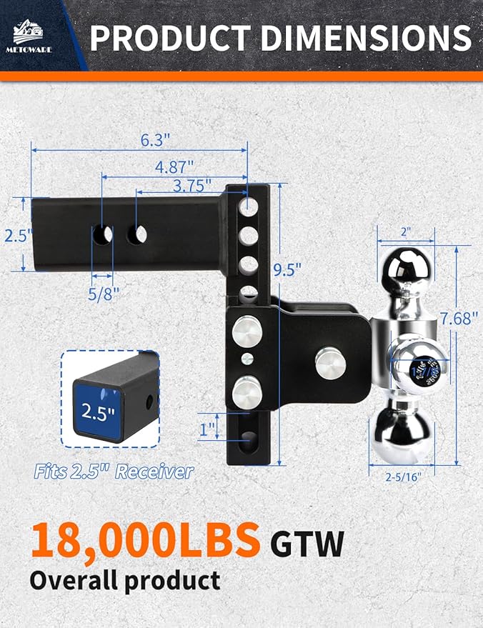 METOWARE Trailer Hitches, Adjustable Trailer Hitch Ball Mount-Fits 2.5" Receiver-Heavy Duty Drop Hitch, Tri-Ball (1-7/8" x 2" x 2-5/16") 6" Drop/Rise, 18,000 GTW and Anti-Theft Stainless Steel Lock