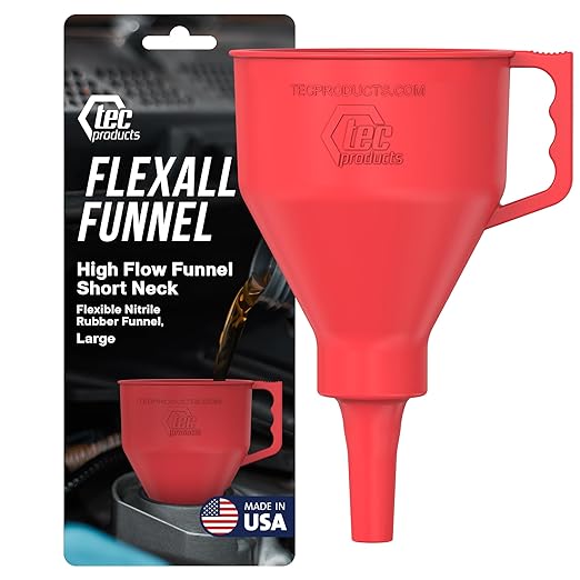 TEC Products FlexAll Short Neck Funnel - Flexible Funnel w/ Hose for Automotive Use - Durable Nitrile Rubber - Car Oil Change, Transmission Fluid, Diesel, Gas - USA Made - Large (10.07 x 5.73 Inches)