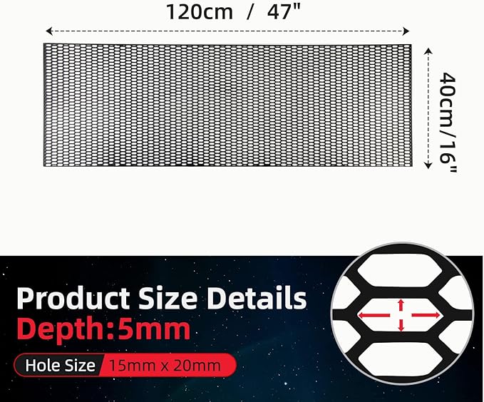 AggAuto 47"x16" ABS Plastic Universal Car Grill Mesh, Automotive Grille Insert Bumper Honeycomb Hole 15x20mm Grids Black