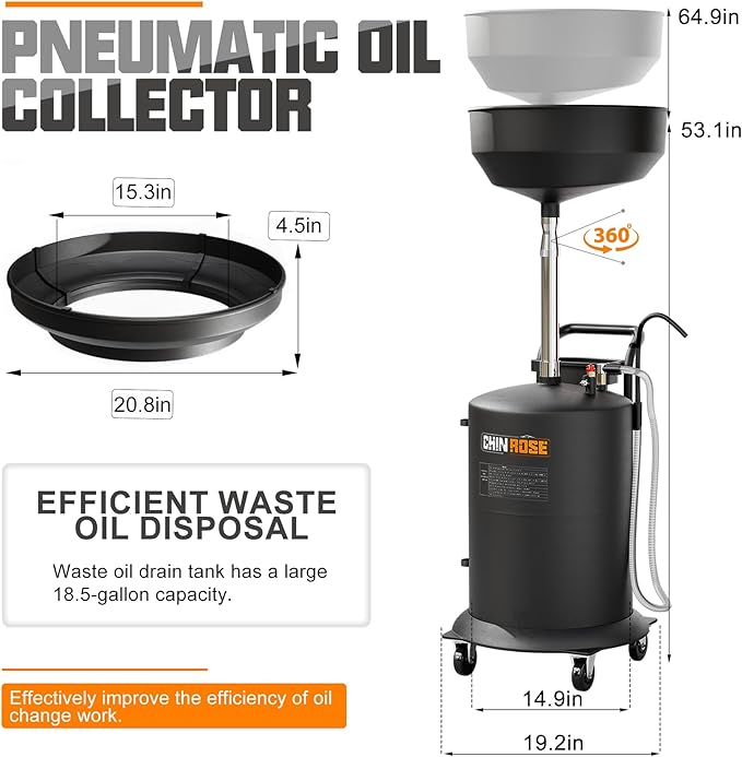 18.5 Gallon Industrial Fluid Drain Tank, Oil Drain Extractor, Portable Pneumatic Waste Oil Drain with Wheels, Adjustable Funnel Height