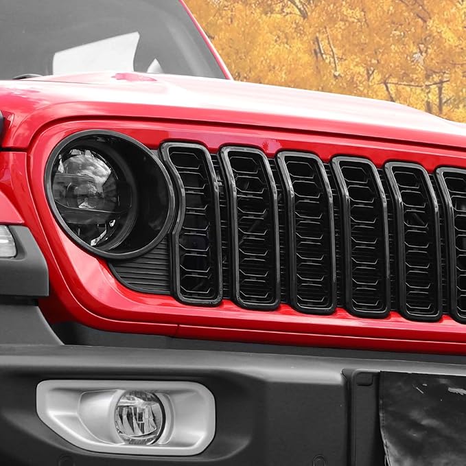 Jimen for 2024 Jeep Wrangler 4xe Grill Inserts, 9PCS Headlight Cover & Grille Insert Compatible with Jeep Wrangler JL JLU 2024+, NOT FIT JL Sport/Sport S (Black)