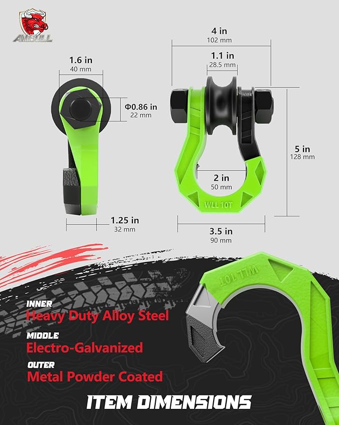 D Ring Separate Shackle with Snatch Block, 3/4" Easy Open Shackles w/Snatch Block Pulley, Heavy Duty Shackle for Towing Winch, Pulley for Off-Road Vehicle Recovery, Truck, ATV, UTV, Blackgreen