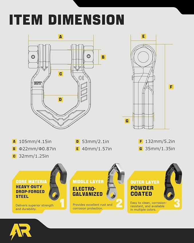 D Ring Shackles, 3/4" Separate Shackles with 7/8" Pin, Heavy Duty Recovery Shackle 57320lbs Break Strength, 4x4 Off-Road Recovery Towing Winch Shackles for Trucks, Black Black 2-Pack