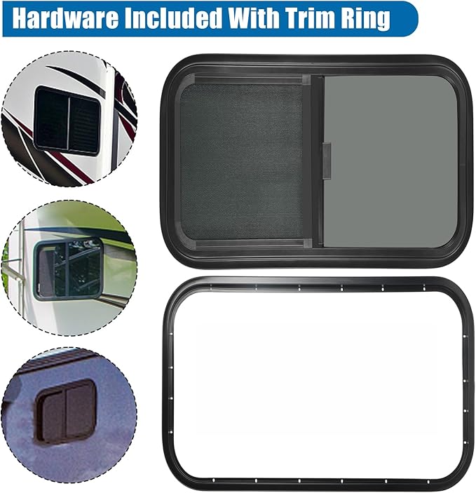Horizontal RV Window, 24" W x 15" H Tinted Sliding RV Window with Net Screen and Trim Ring, Suitable for 15/16" or 1-3/8" and Slightly Thicker Up to 1/16" Walls, DOT Approved